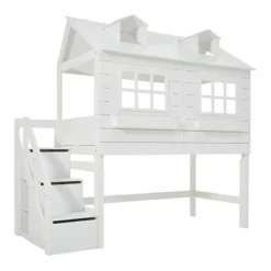 Lifetime Halbhohes Hüttenbett Lake House Mit Deluxe Lattenrost Und Treppe Weiß