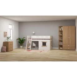 FLEXA Nor Halbhohes Bett Mit Schrägleiter Und Baumhaus Panelen Weiß/Eiche -Kinder Haushaltswaren Geschäft 6pz8zwil4swppx5gtktliea9kzyg