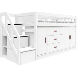 Lifetime Halbhohes Bett Breeze Mit Treppe ALL-IN-ONE Aufbewahrungselem. Mit Deluxe Lattenrost Weiß Lackiert