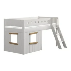 FLEXA White Halbhohes Bett Mit Schrägleiter Und Baumhaus Panelen Weiß/Eiche -Kinder Haushaltswaren Geschäft qtlzhzevfpumvymuw64u4c600xl8