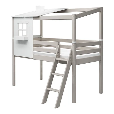 FLEXA Classic Halbhohes Bett Mit Halbem Baumhaus Aufsatz Grau Lasiert/weiß 1 FLEXA Classic Halbhohes Bett Mit Halbem Baumhaus Aufsatz Grau Lasiert/weiß